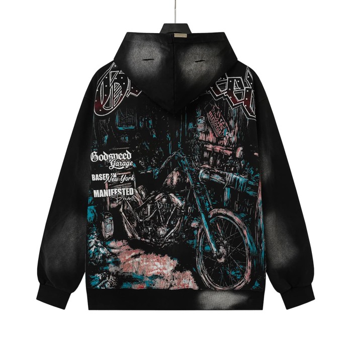 Godspeed Washed Skeleton Motorcycle Print Zip Up Hoodie 2 colors 29563769