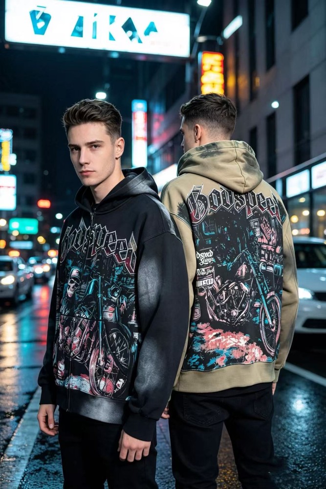 Godspeed Washed Skeleton Motorcycle Print Zip Up Hoodie 2 colors 29563769