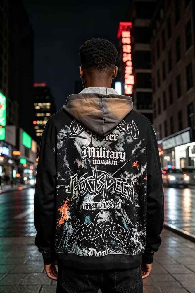 Godspeed  Statue Of Liberty Flame Graphic Military Invasion Text Print Hoodie 29563899