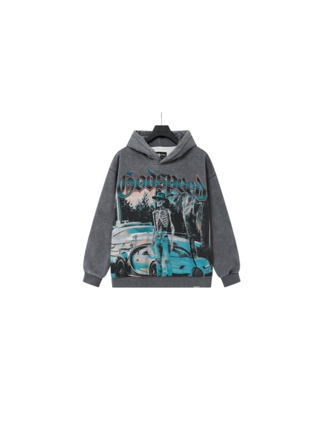 Godspeed Washed Skeleton Sports Car Rhinestone Letter Print Hoodie 29563839