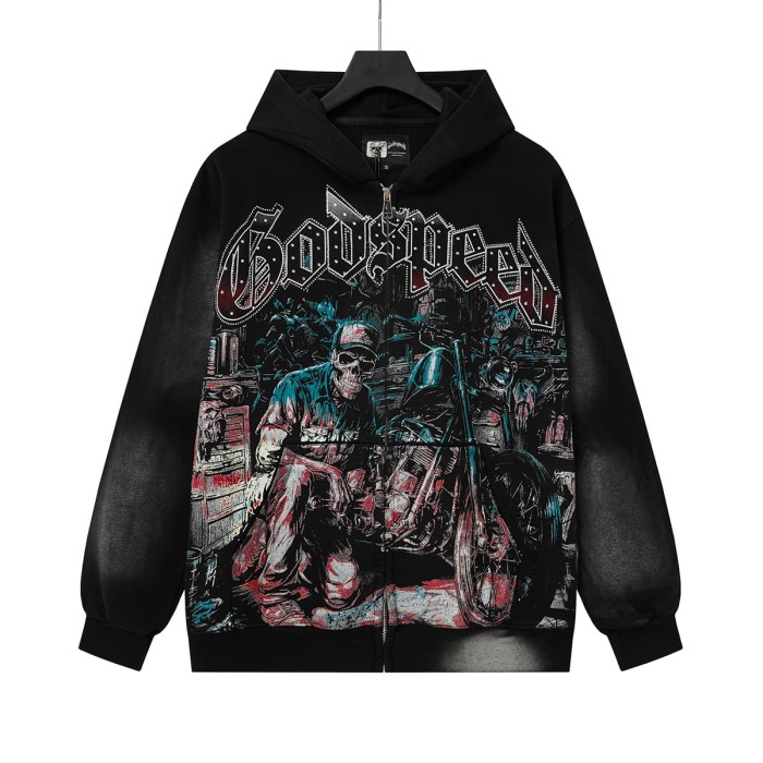 Godspeed Washed Skeleton Motorcycle Print Zip Up Hoodie 2 colors 29563769