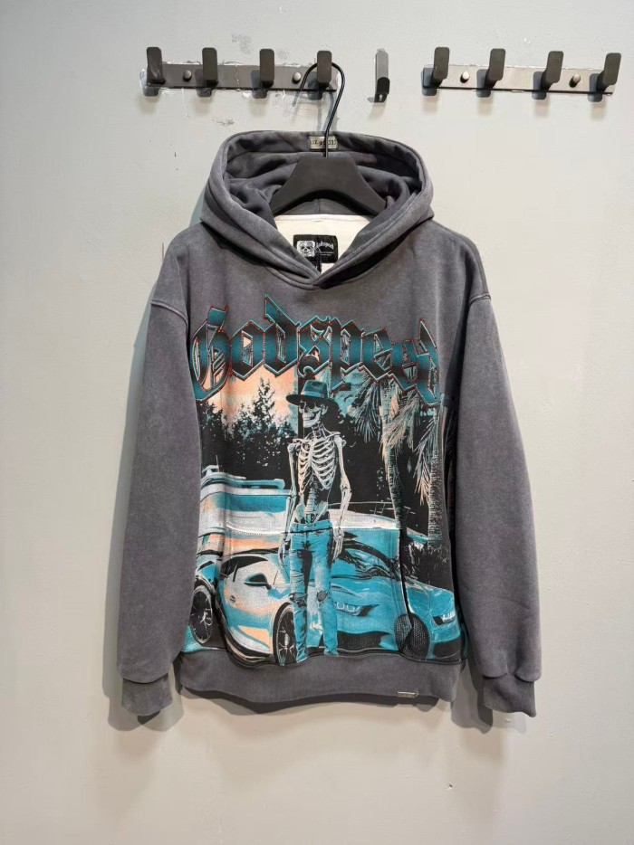 Godspeed Washed Skeleton Sports Car Rhinestone Letter Print Hoodie 29563839