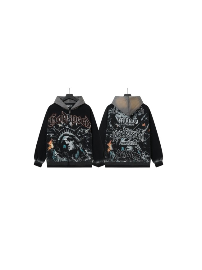 Godspeed Statue Of Liberty Flame Graphic Military Invasion Text Print Hoodie 29563899