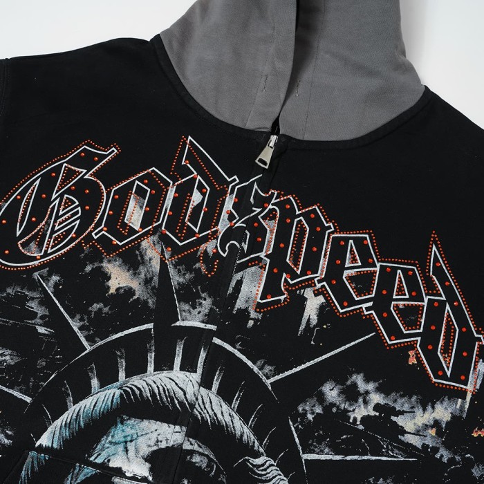 Godspeed  Statue Of Liberty Flame Graphic Military Invasion Text Print Hoodie 29563899