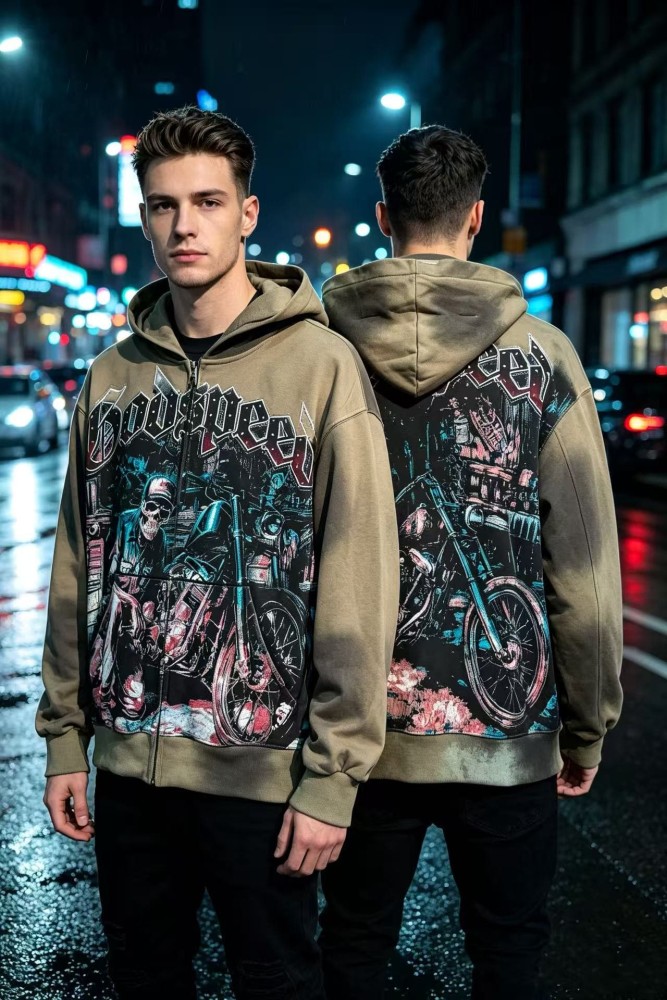 Godspeed Washed Skeleton Motorcycle Print Zip Up Hoodie 2 colors 29563769
