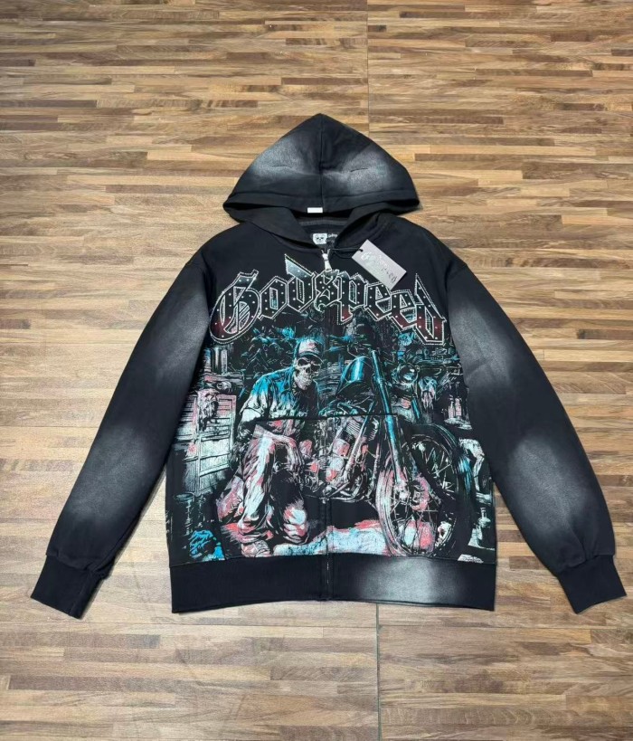 Godspeed Washed Skeleton Motorcycle Print Zip Up Hoodie 2 colors 29563769