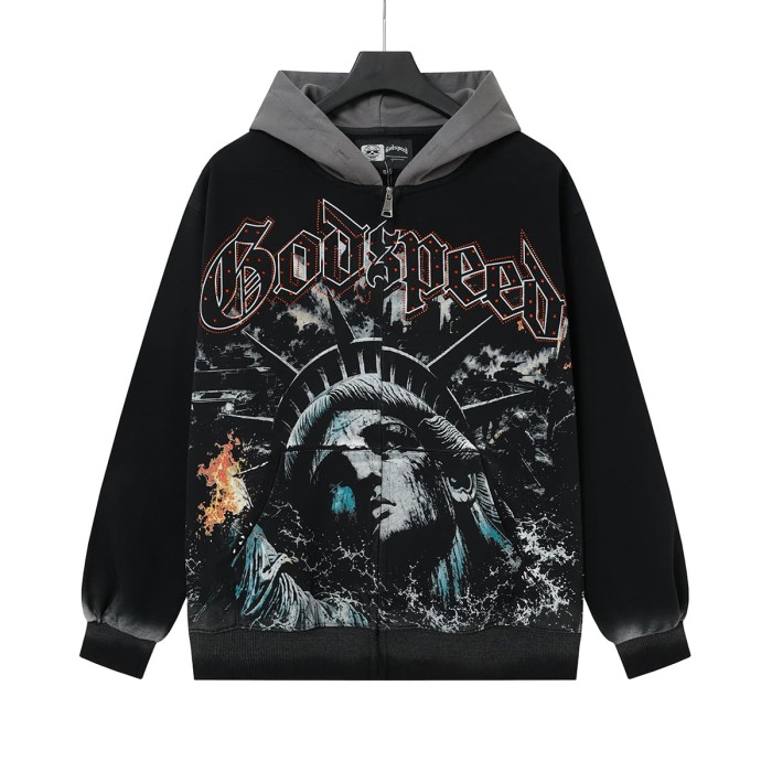 Godspeed  Statue Of Liberty Flame Graphic Military Invasion Text Print Hoodie 29563899