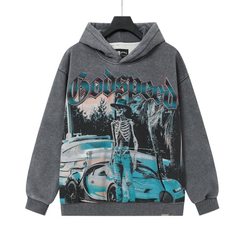 Godspeed Washed Skeleton Sports Car Rhinestone Letter Print Hoodie 29563839