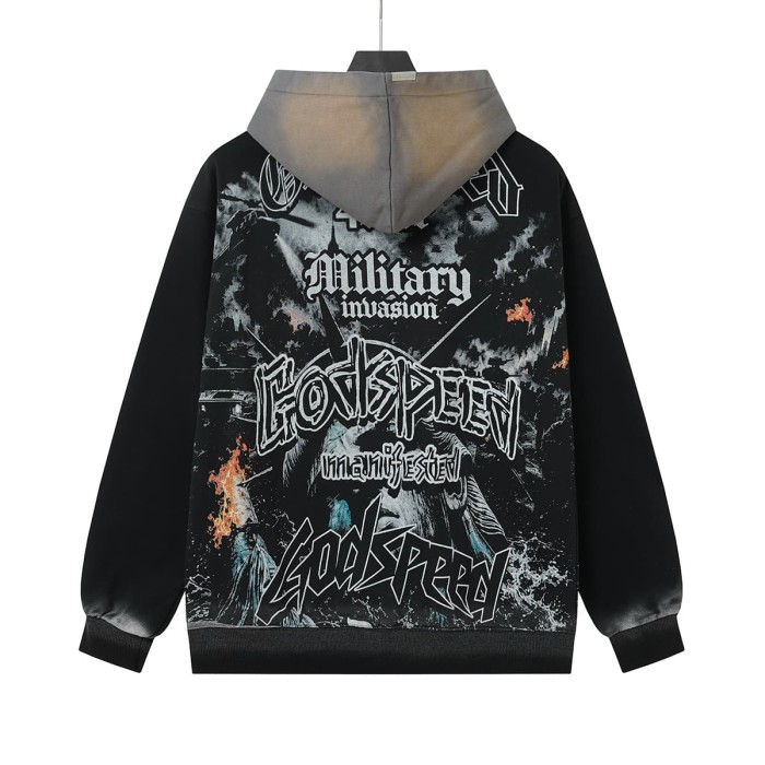 Godspeed  Statue Of Liberty Flame Graphic Military Invasion Text Print Hoodie 29563899