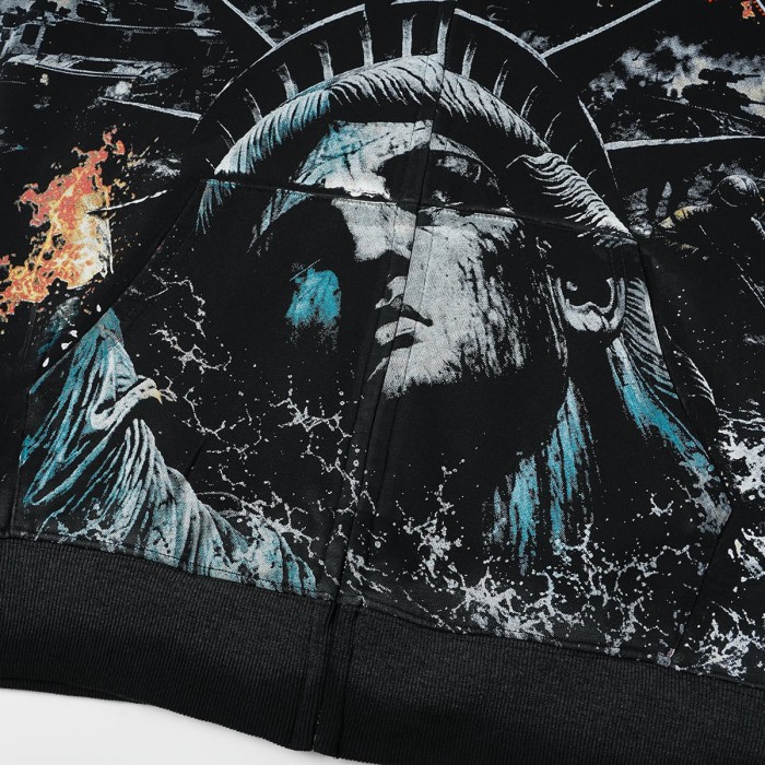 Godspeed  Statue Of Liberty Flame Graphic Military Invasion Text Print Hoodie 29563899