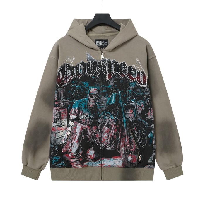 Godspeed Washed Skeleton Motorcycle Print Zip Up Hoodie 2 colors 29563769