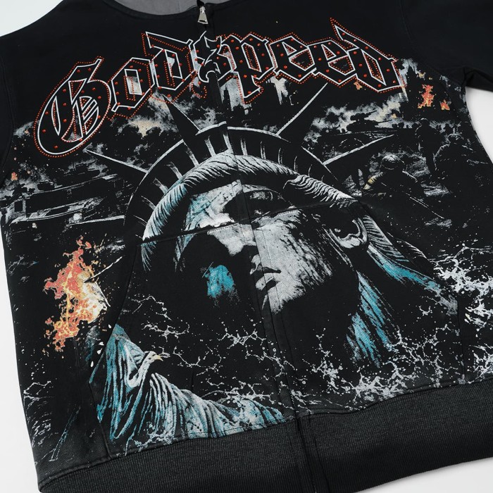 Godspeed  Statue Of Liberty Flame Graphic Military Invasion Text Print Hoodie 29563899