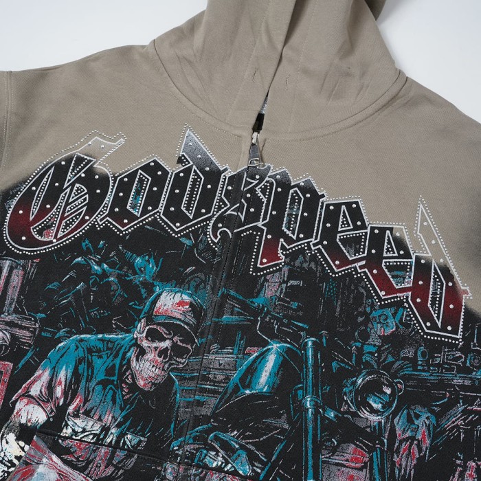 Godspeed Washed Skeleton Motorcycle Print Zip Up Hoodie 2 colors 29563769