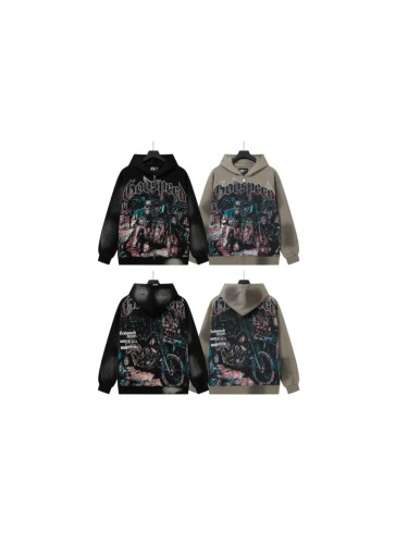 Godspeed Washed Skeleton Motorcycle Print Zip Up Hoodie 2 colors 29563769