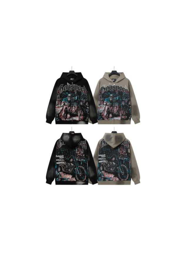 Godspeed Washed Skeleton Motorcycle Print Zip Up Hoodie 2 colors 29563769