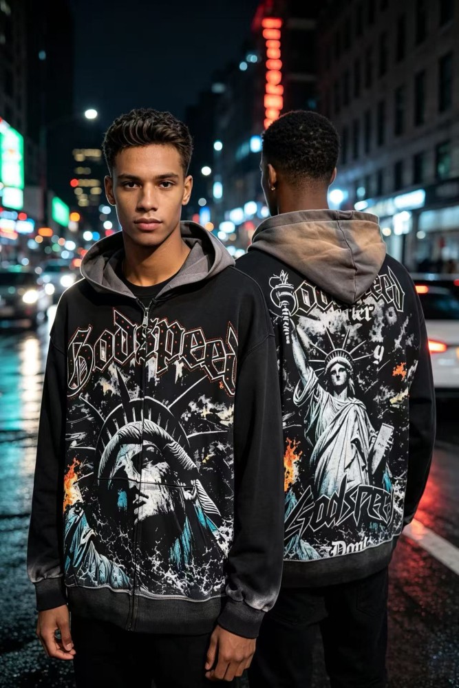 Godspeed  Statue Of Liberty Flame Graphic Military Invasion Text Print Hoodie 29563899