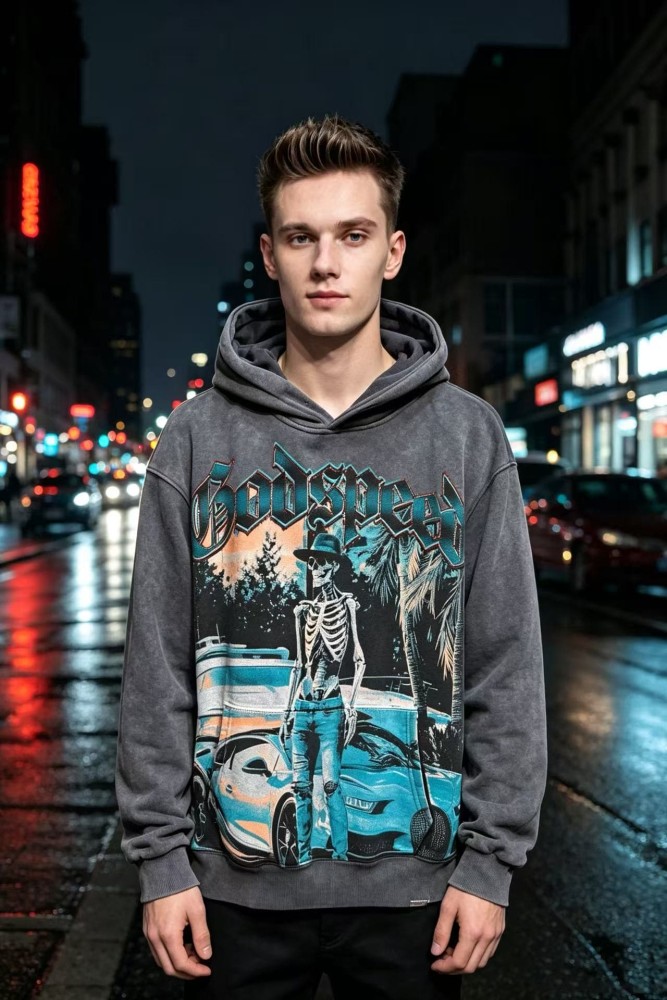 Godspeed Washed Skeleton Sports Car Rhinestone Letter Print Hoodie 29563839