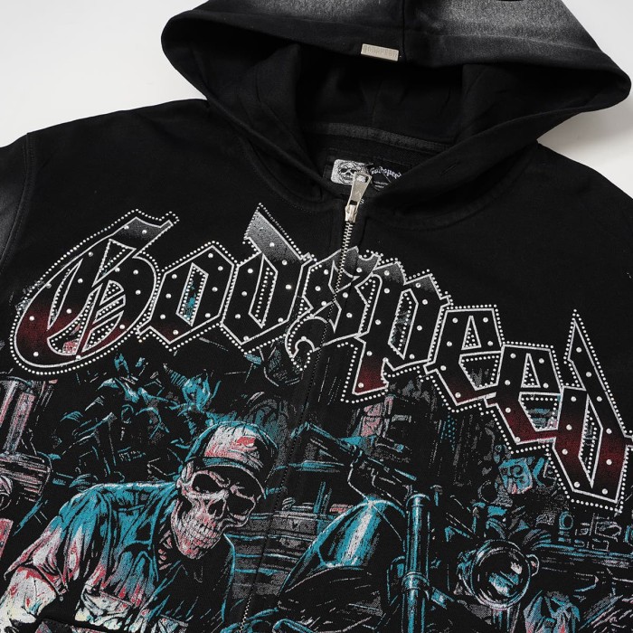 Godspeed Washed Skeleton Motorcycle Print Zip Up Hoodie 2 colors 29563769