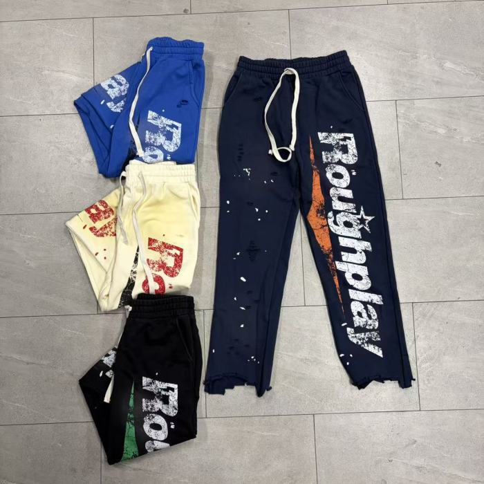 RoughPlay Splatter Frayed Hem Vertical Bold Letter Print Drawstring Straight Sweatpants 4 colors 29567697