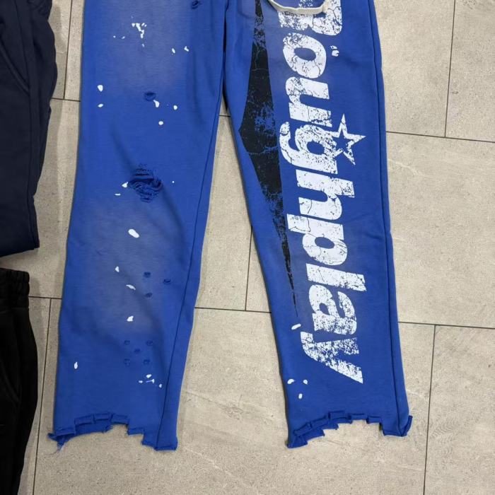 RoughPlay Splatter Frayed Hem Vertical Bold Letter Print Drawstring Straight Sweatpants 4 colors 29567697