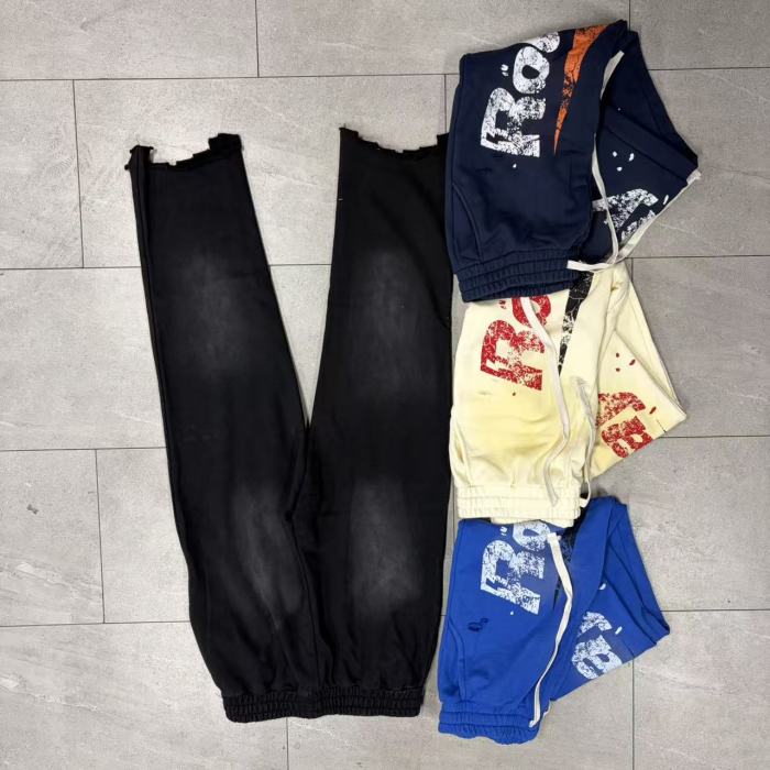 RoughPlay Splatter Frayed Hem Vertical Bold Letter Print Drawstring Straight Sweatpants 4 colors 29567697