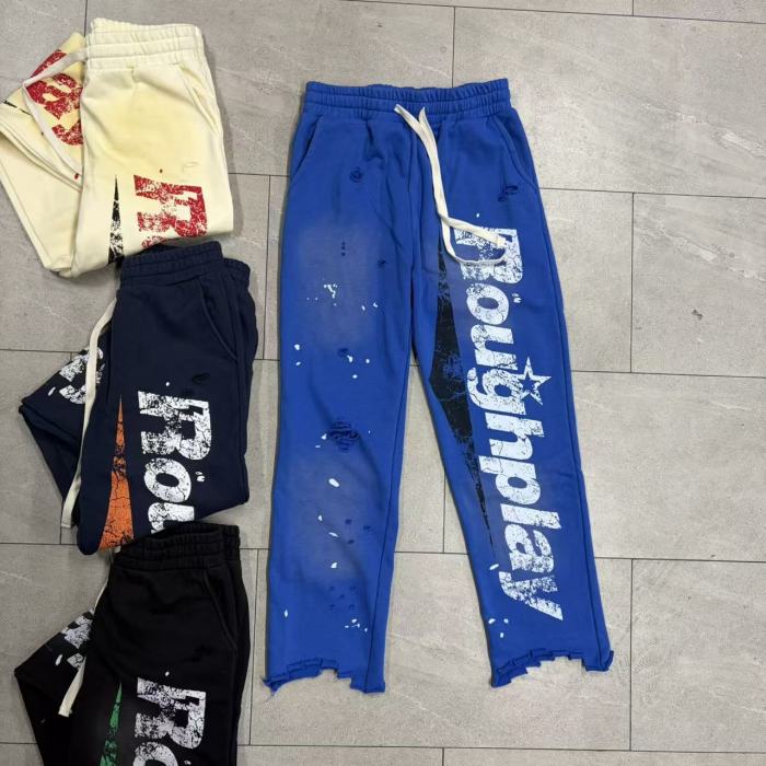RoughPlay Splatter Frayed Hem Vertical Bold Letter Print Drawstring Straight Sweatpants 4 colors 29567697