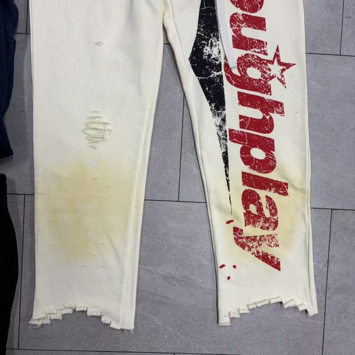 RoughPlay Splatter Frayed Hem Vertical Bold Letter Print Drawstring Straight Sweatpants 4 colors 29567697