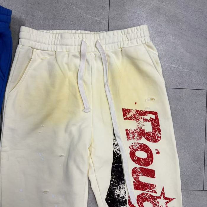 RoughPlay Splatter Frayed Hem Vertical Bold Letter Print Drawstring Straight Sweatpants 4 colors 29567697