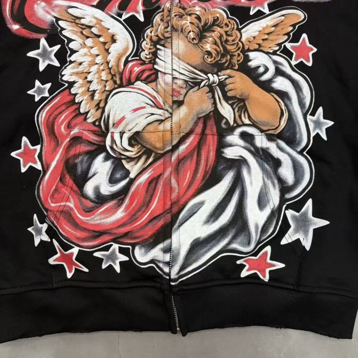 Mixed Emotion Blindfold Angel Star Letter Print Zip Up Hoodie 29567680