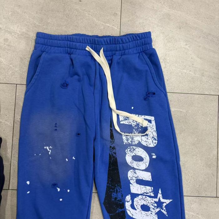RoughPlay Splatter Frayed Hem Vertical Bold Letter Print Drawstring Straight Sweatpants 4 colors 29567697