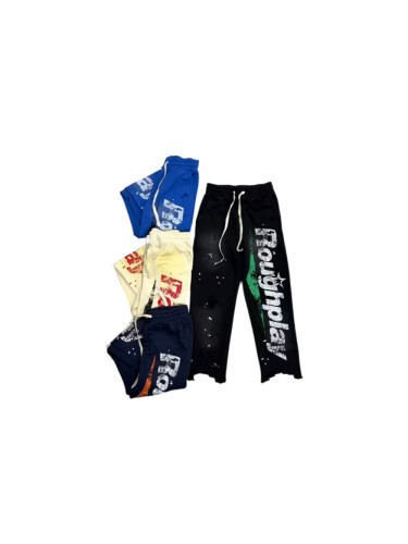 RoughPlay Splatter Frayed Hem Vertical Bold Letter Print Drawstring Straight Sweatpants 4 colors 29567697