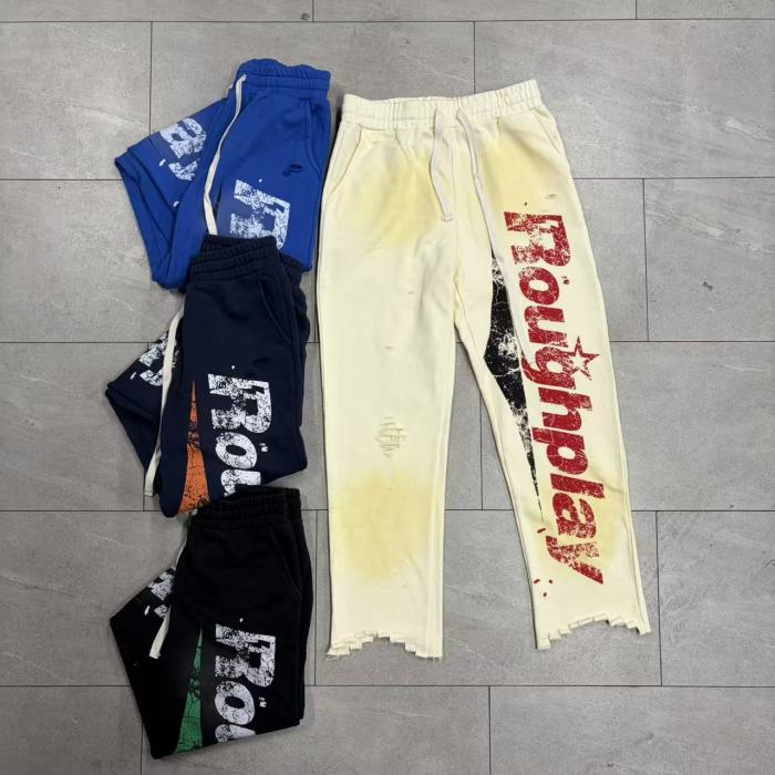 RoughPlay Splatter Frayed Hem Vertical Bold Letter Print Drawstring Straight Sweatpants 4 colors 29567697