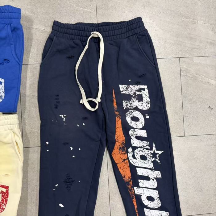 RoughPlay Splatter Frayed Hem Vertical Bold Letter Print Drawstring Straight Sweatpants 4 colors 29567697