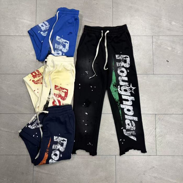 RoughPlay Splatter Frayed Hem Vertical Bold Letter Print Drawstring Straight Sweatpants 4 colors 29567697