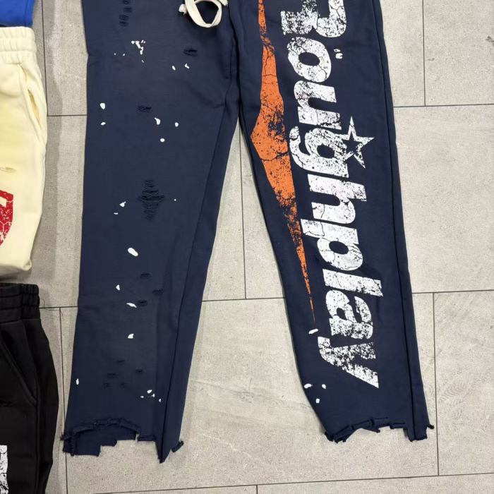 RoughPlay Splatter Frayed Hem Vertical Bold Letter Print Drawstring Straight Sweatpants 4 colors 29567697